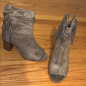 Taupe peep toe booties w fringe